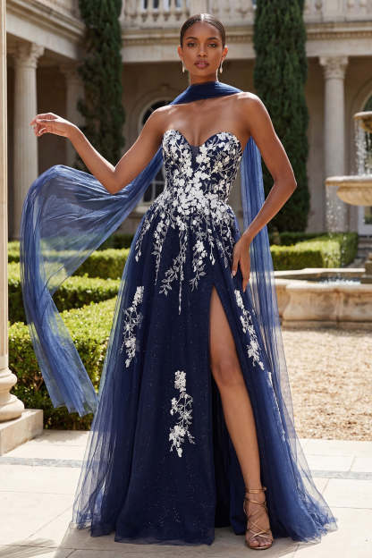 Leely Women Navy A line Floral Long Prom Dress with Slit Sweetheart Appliqued Backless Evening Dress