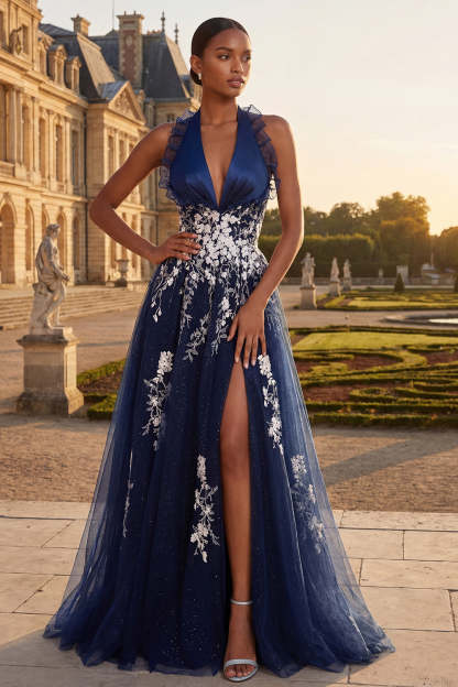 Leely Women Appliqued Navy A line Floral Long Prom Dress with Slit Halter Neck Ruffled Backless Wedding Guest Dress