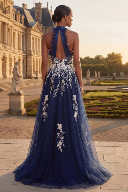 Appliqued Navy A line Floral Long Prom Dress with Slit