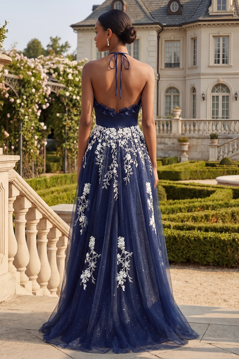 Navy Floral Halter Neck Appliqued Ruffled Long Prom Dress with Slit