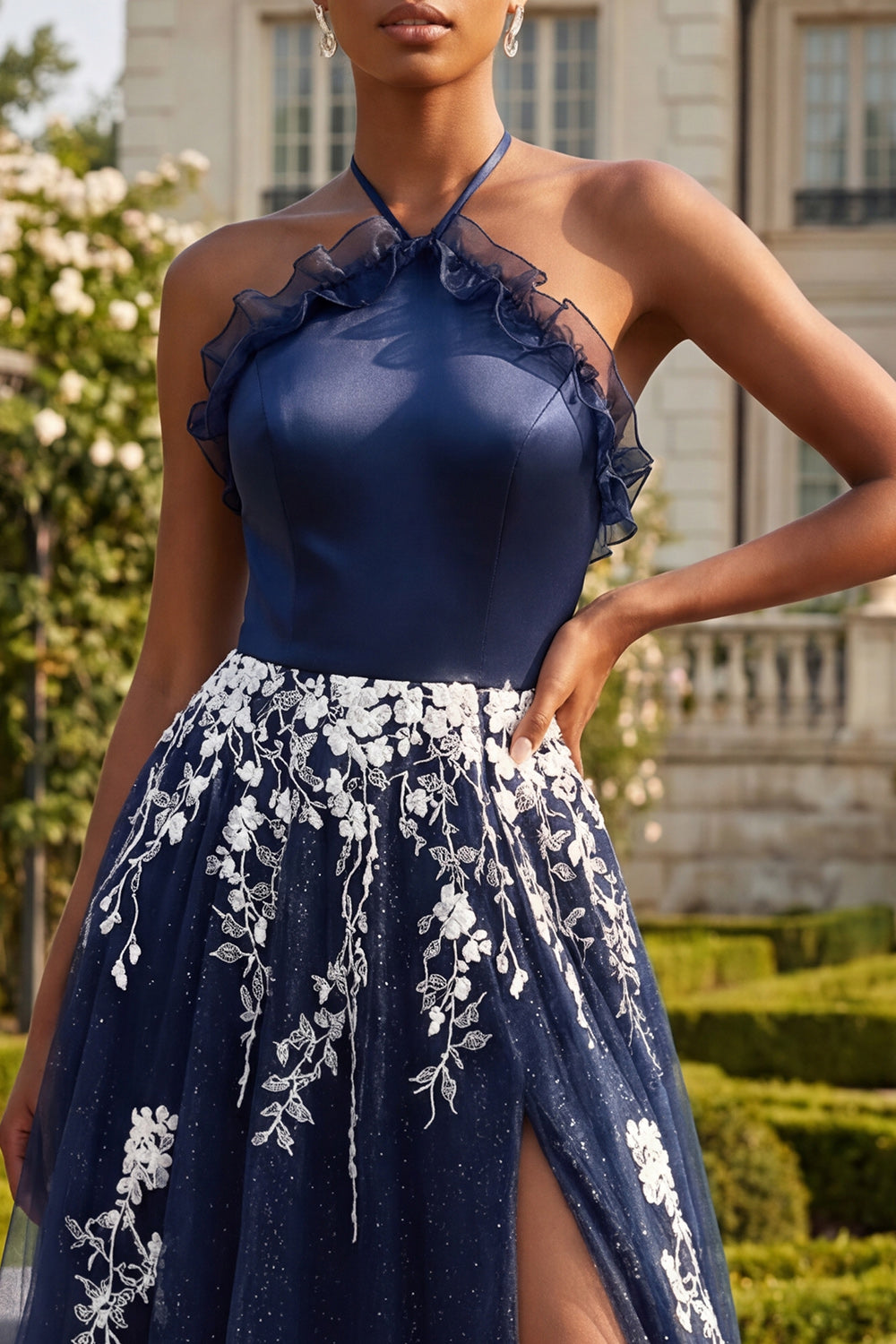 Navy Floral Halter Neck Appliqued Ruffled Long Prom Dress with Slit