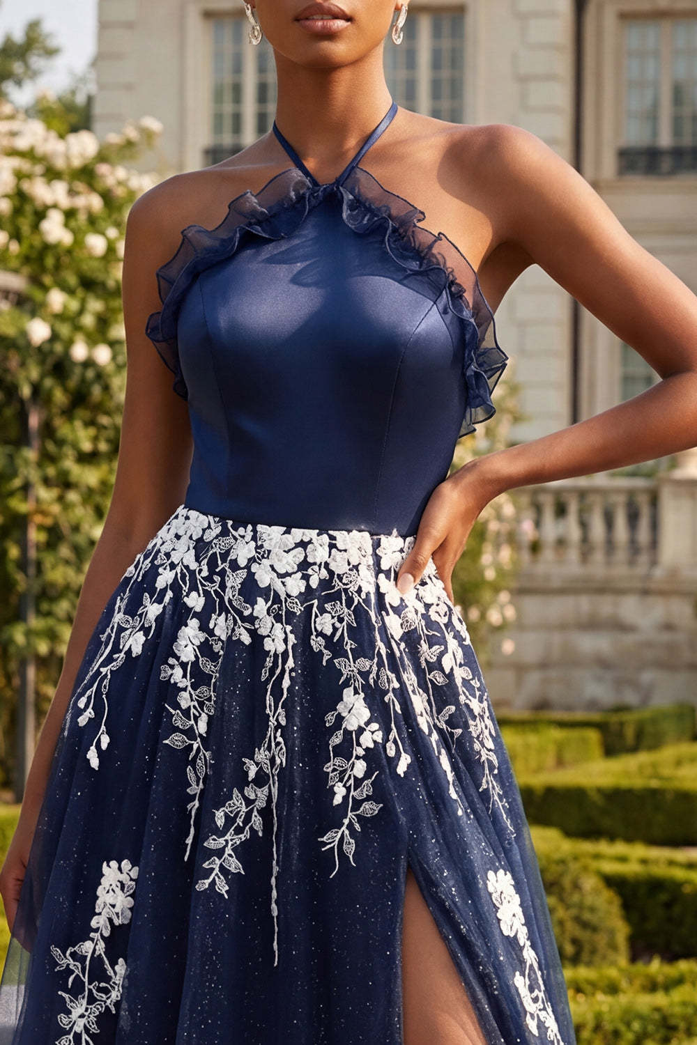 Navy Floral Halter Neck Appliqued Ruffled Long Prom Dress with Slit