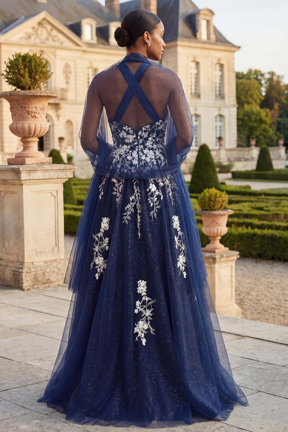 Sparkly Navy Floral Halter Neck Long Prom Dress with Slit