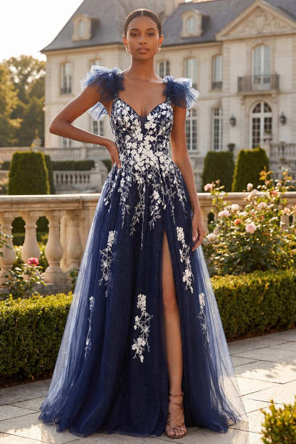 Leely Women Sparkly Navy Floral A Line Appliqued Long Prom Dress with Slit Ruffled Sweetheart Backless Wedding Guest Dress