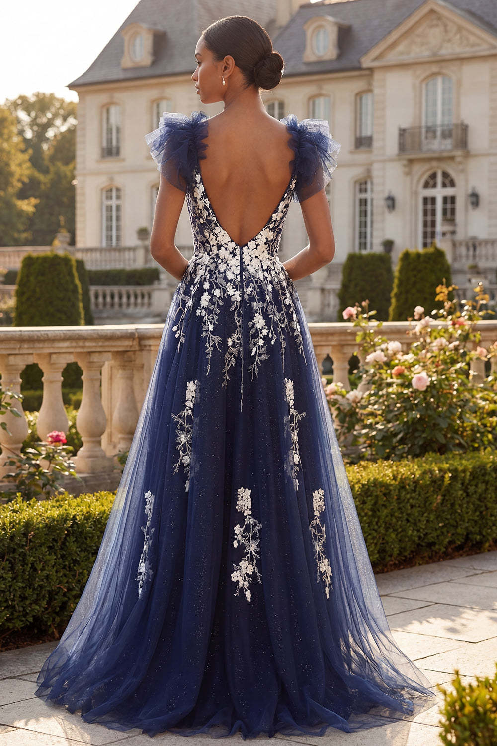 Sparkly Navy Floral A Line Appliqued Long Prom Dress with Slit