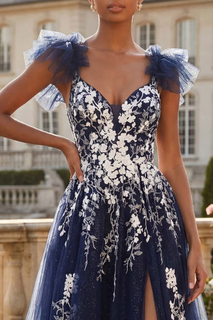 Sparkly Navy Floral A Line Appliqued Long Prom Dress with Slit