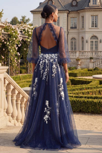 Navy Floral Halter Neck Ruffled Long Appliqued Prom Dress with Slit