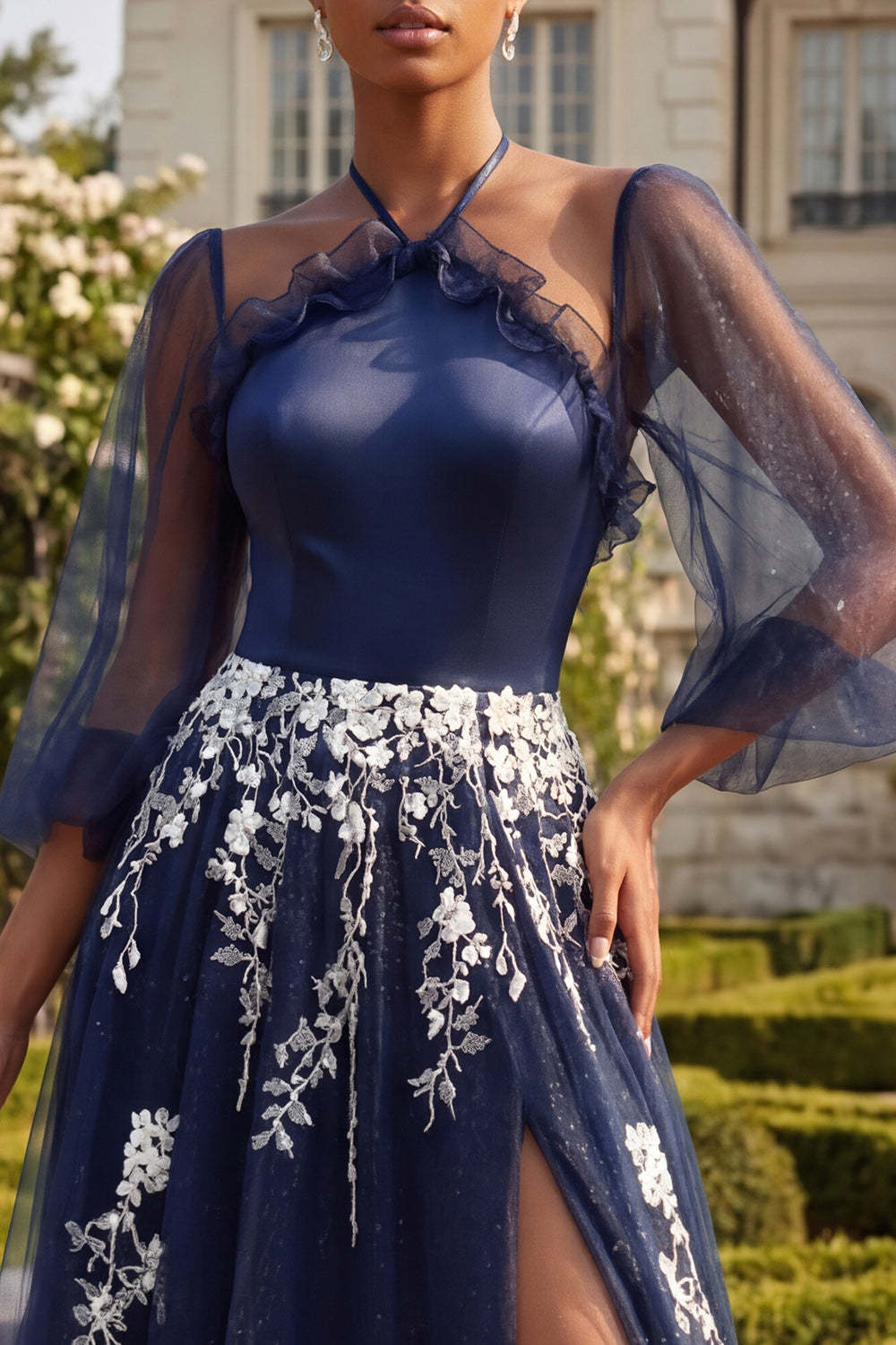 Navy Floral Halter Neck Ruffled Long Appliqued Prom Dress with Slit