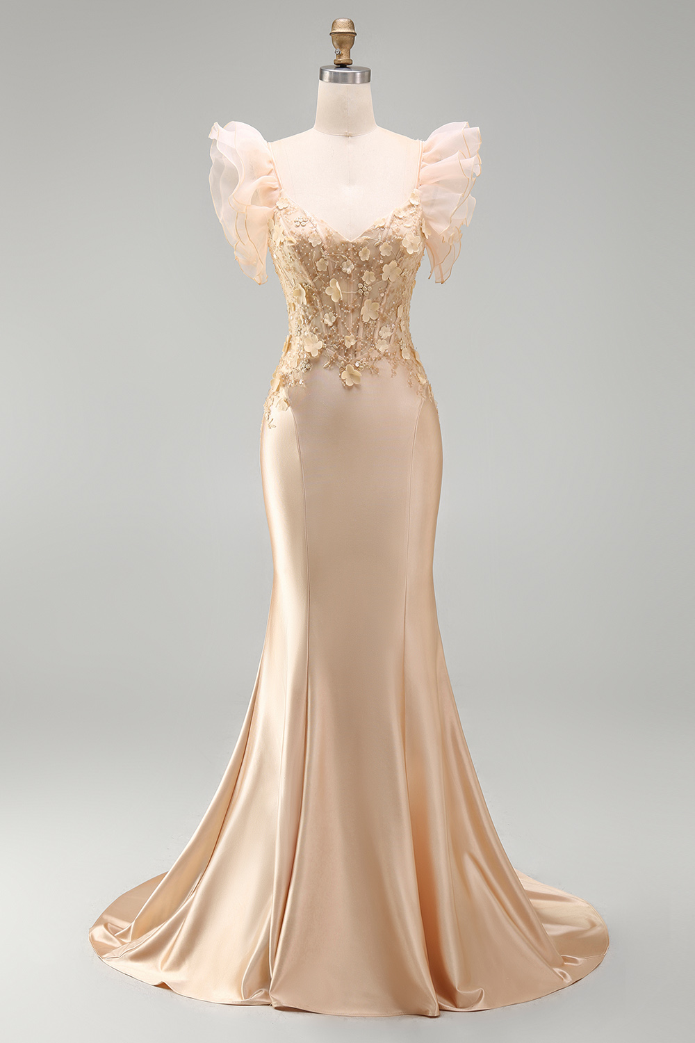 Satin Floral Blush Corset Ruffled Appliqued Long Prom Dress