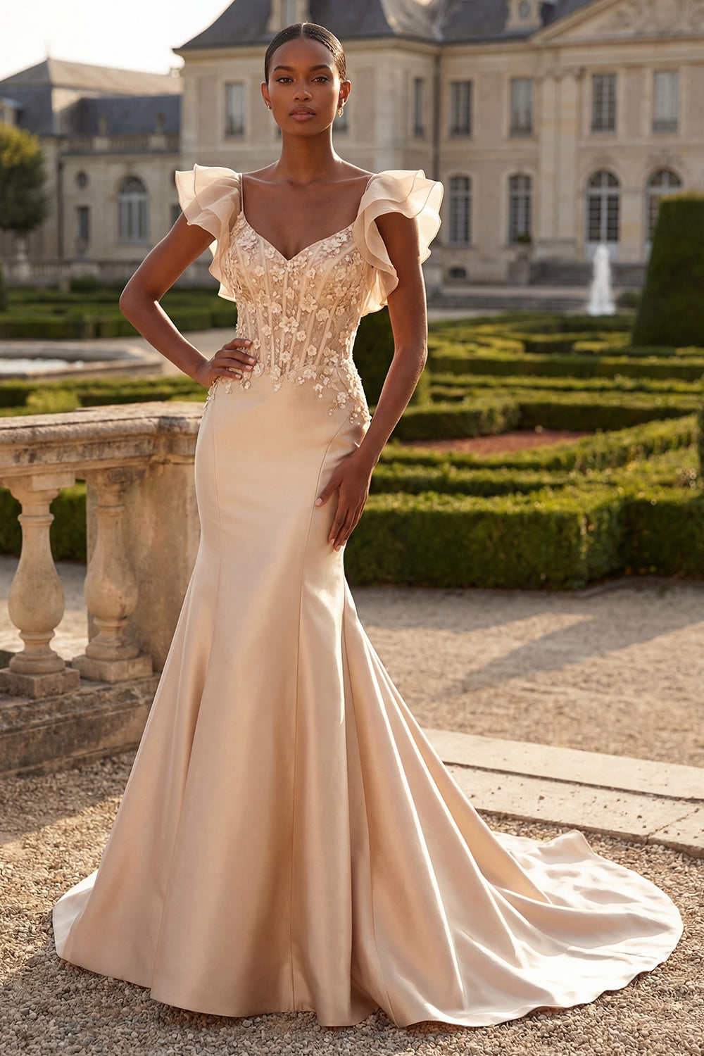 Satin Floral Blush Corset Ruffled Appliqued Long Prom Dress