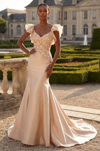 Leely Women Satin Floral Blush Corset Appliqued Long Prom Dress Ruffled Backless Sleeveless Evening Dress