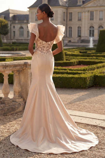 Satin Floral Blush Corset Ruffled Appliqued Long Prom Dress