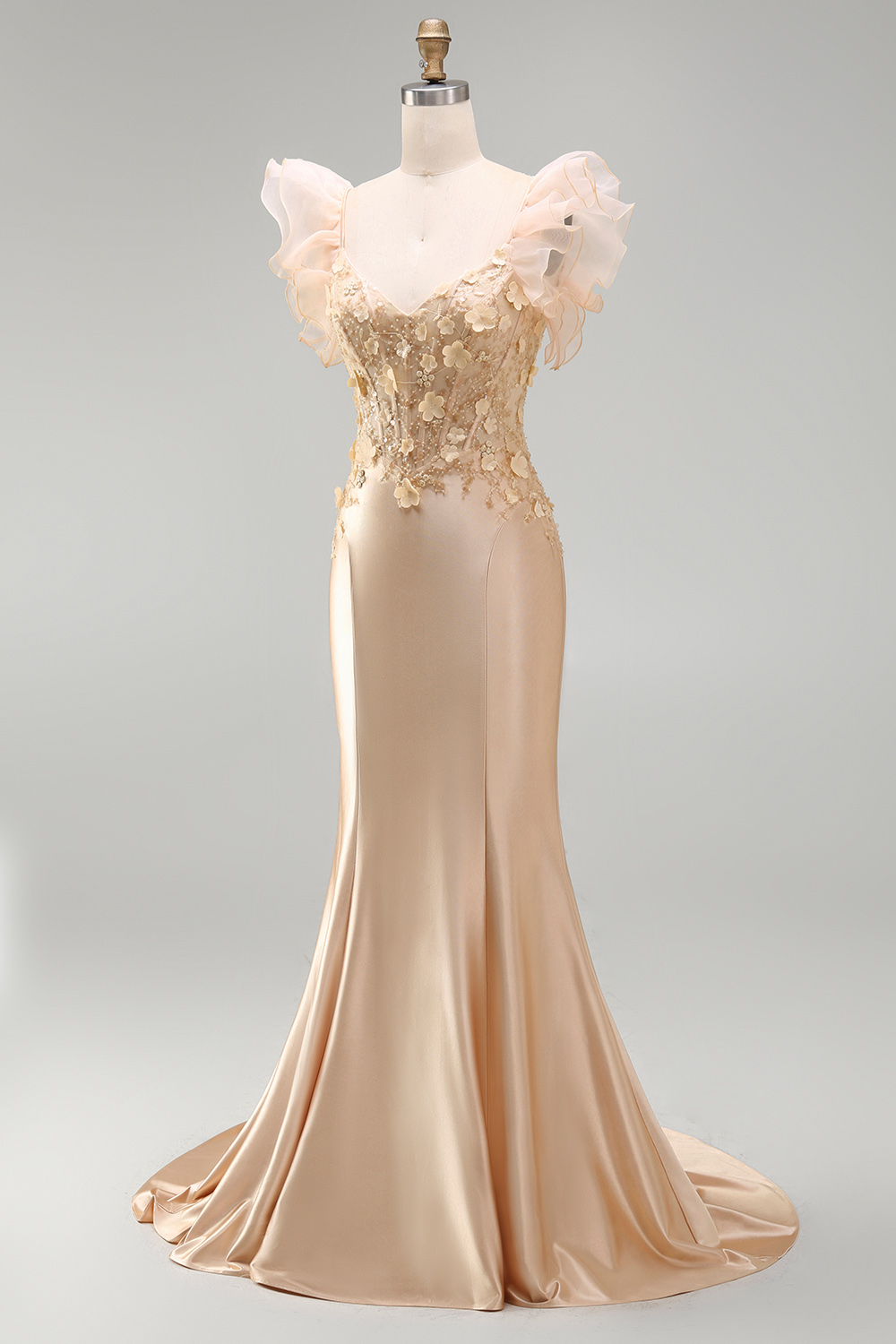 Satin Floral Blush Corset Ruffled Appliqued Long Prom Dress
