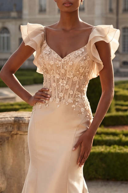 Satin Floral Blush Corset Ruffled Appliqued Long Prom Dress