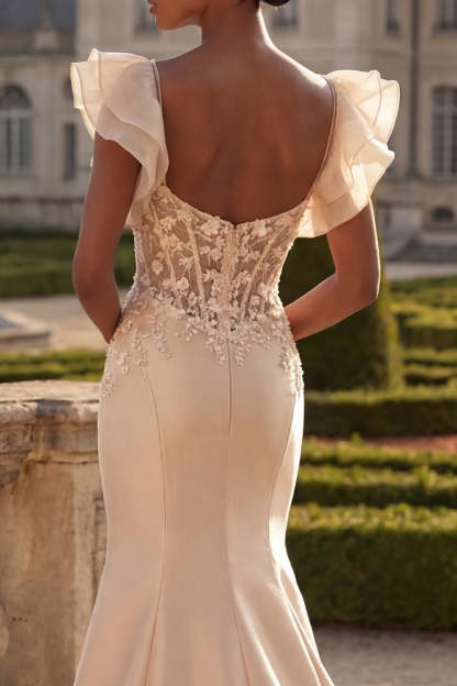 Satin Floral Blush Corset Ruffled Appliqued Long Prom Dress