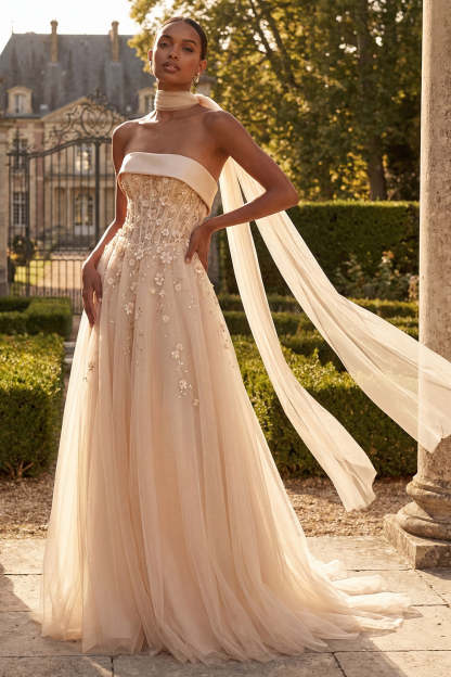 Leely Women Corset Blush Floral Long Prom Dress with Neck Scarf Strapless A Line Appliqued Evening Dress