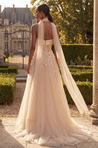 Corset Blush Floral Strapless A Line Long Prom Dress with Neck Scarf