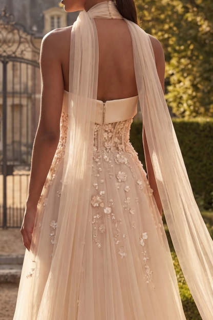 Corset Blush Floral Strapless A Line Long Prom Dress with Neck Scarf