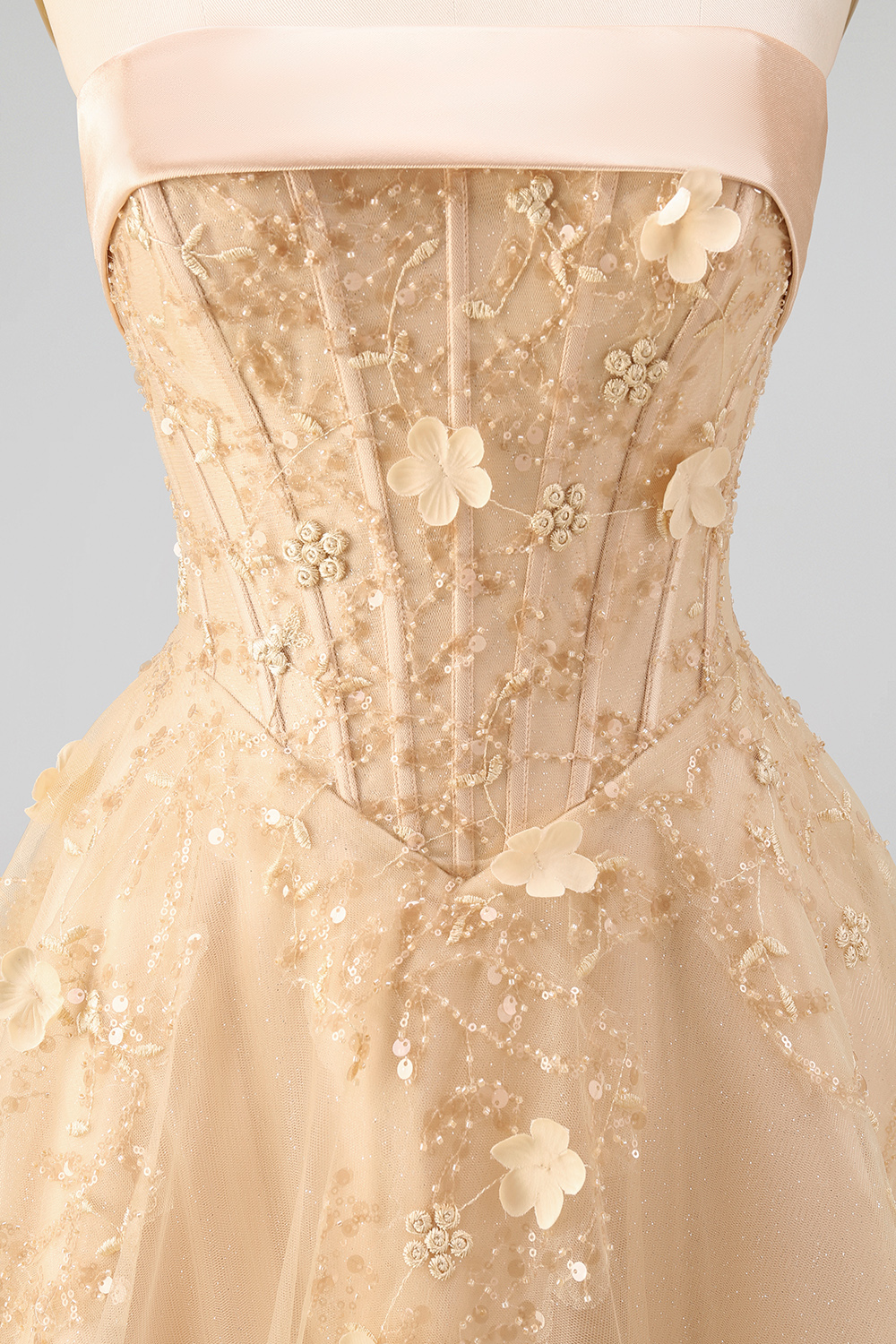 Corset Blush Floral Strapless A Line Long Prom Dress with Neck Scarf