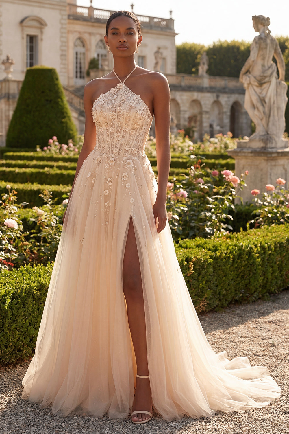 Halter Neck Blush Floral Corset Appliqued Long Prom Dress with Slit