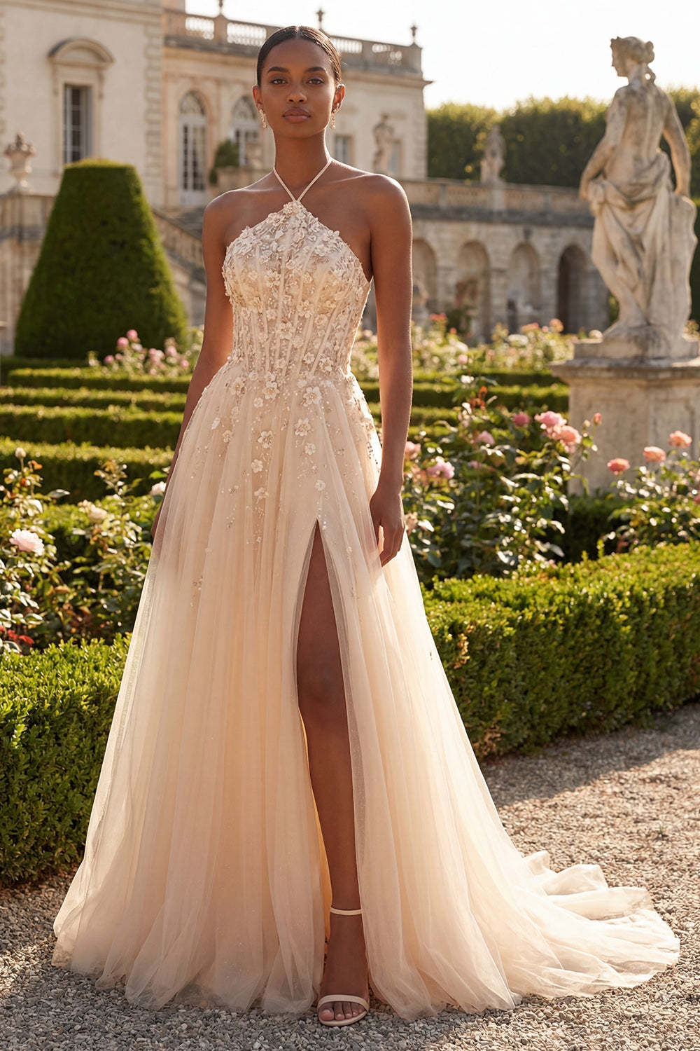 Leely Women Halter Neck Blush Floral Corset Long Prom Dress with Slit Appliqued Backless Wedding Guest Dress