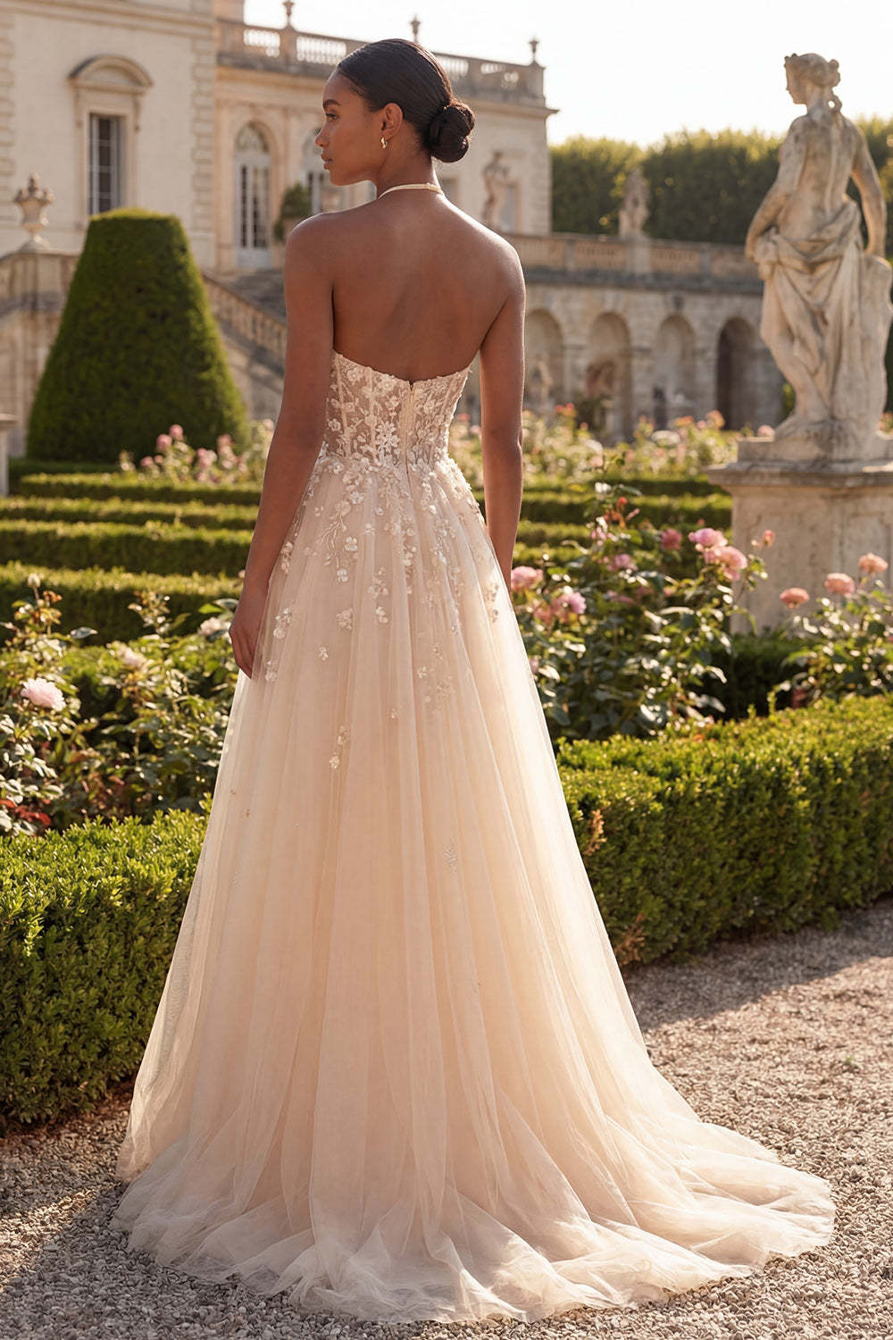 Halter Neck Blush Floral Corset Appliqued Long Prom Dress with Slit