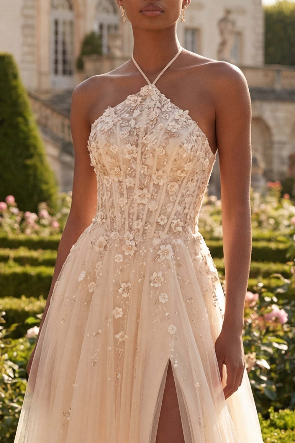 Halter Neck Blush Floral Corset Appliqued Long Prom Dress with Slit