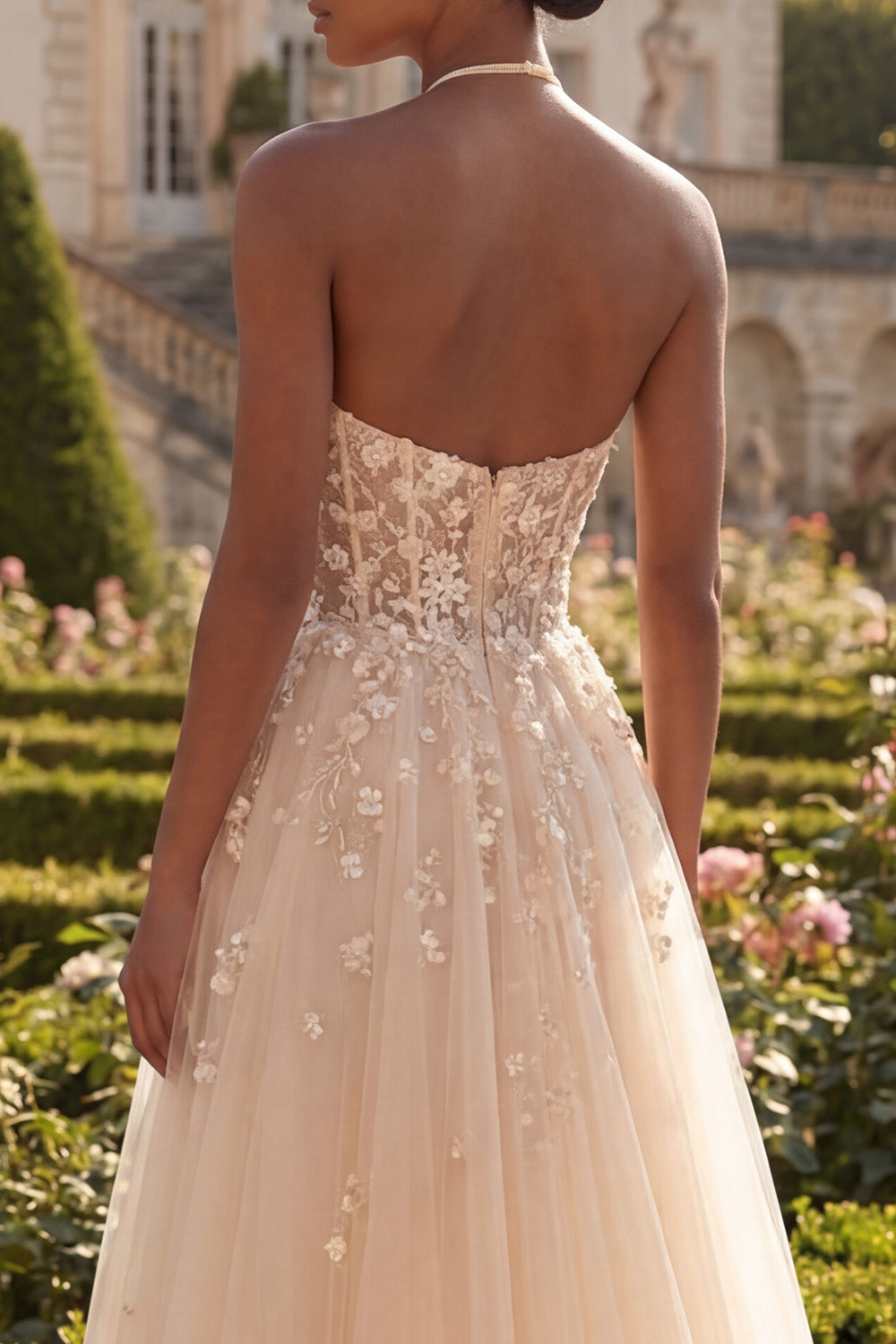 Halter Neck Blush Floral Corset Appliqued Long Prom Dress with Slit