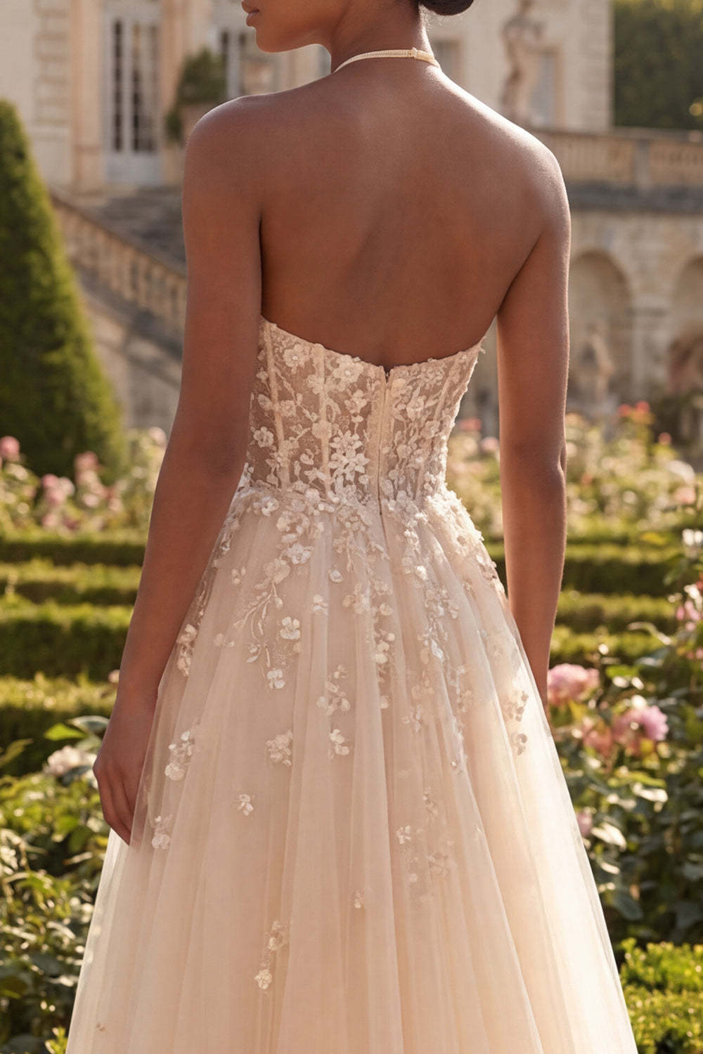 Halter Neck Blush Floral Corset Appliqued Long Prom Dress with Slit