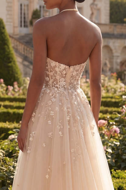 Halter Neck Blush Floral Corset Appliqued Long Prom Dress with Slit