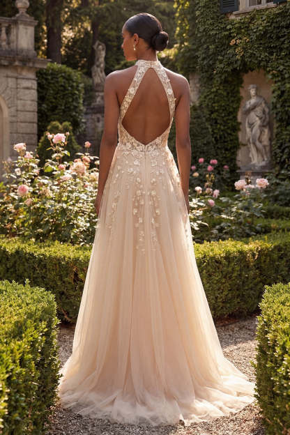 Floral Appliqued Blush Corset Long Prom Dress with Slit