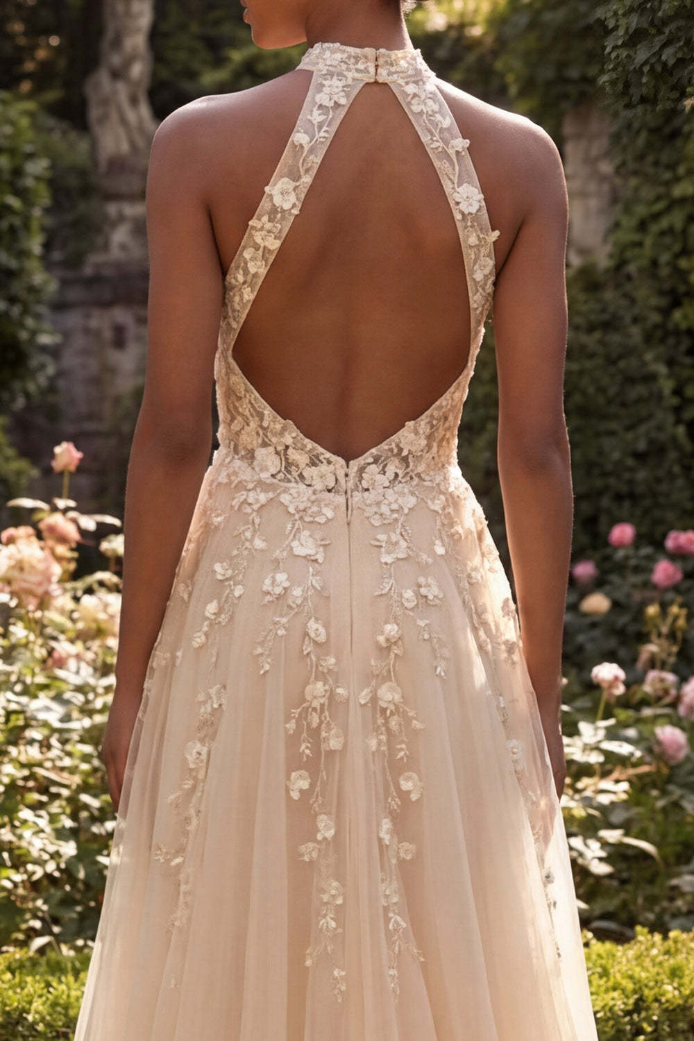 Floral Appliqued Blush Corset Long Prom Dress with Slit