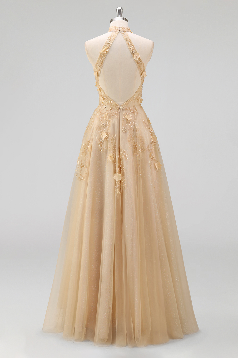 Floral Appliqued Blush Corset Long Prom Dress with Slit