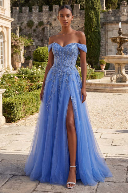 Leely Women Off the Shoulder Floral Blue Corset Long Prom Dress with Slit A Line Appliqued Backless Wedding Guest Dress