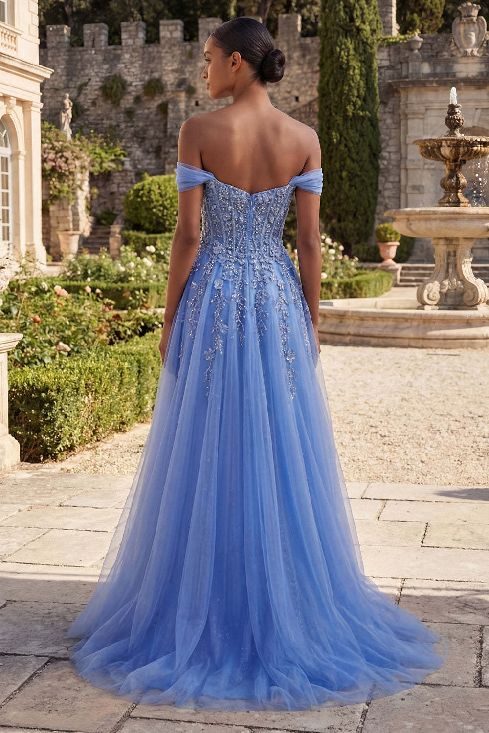 Off the Shoulder Floral Blue Corset A Line Long Prom Dress with Slit