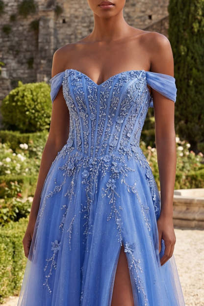 Off the Shoulder Floral Blue Corset A Line Long Prom Dress with Slit