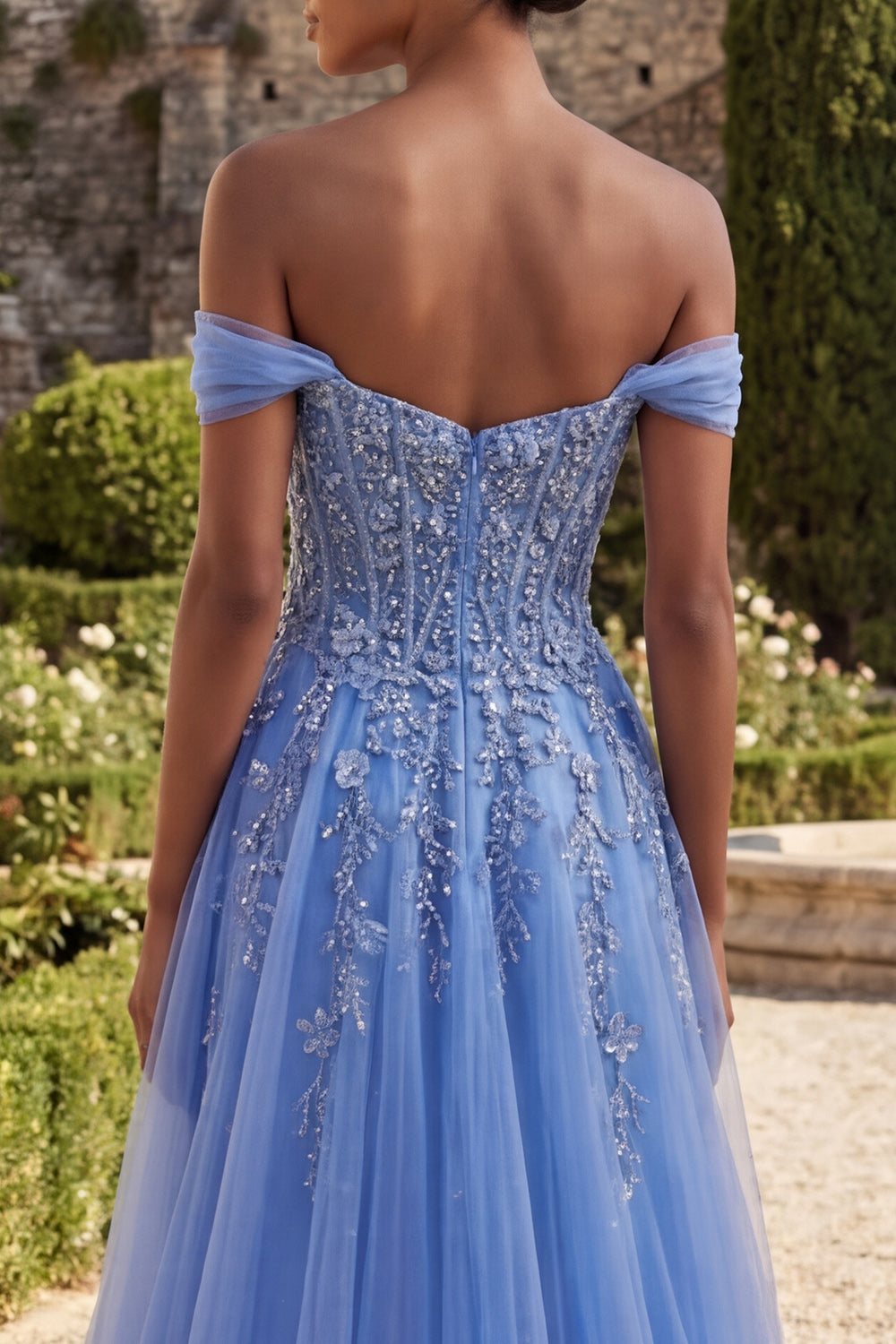 Off the Shoulder Floral Blue Corset A Line Long Prom Dress with Slit