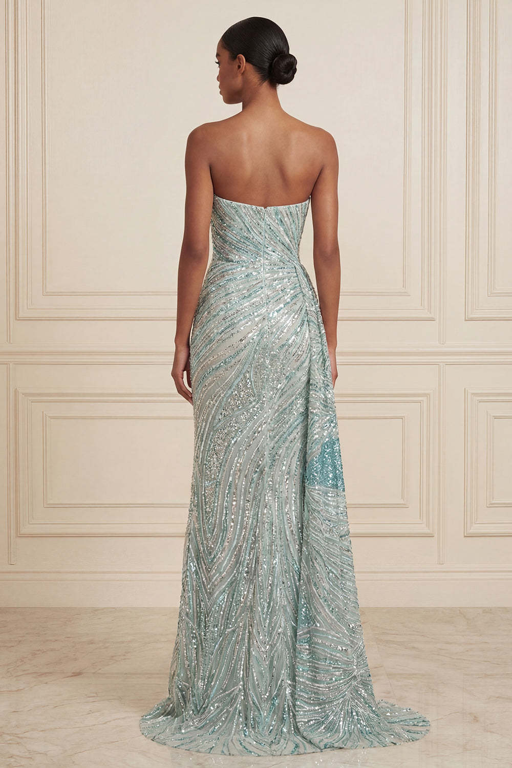 Sparkly Blue Mermaid Strapless Sequined Long Prom Dress with Slit