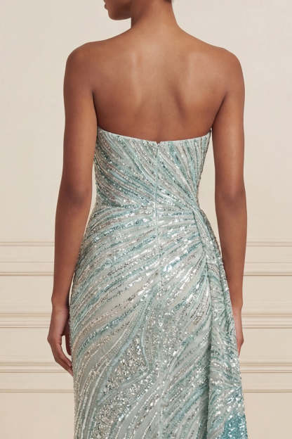 Sparkly Blue Mermaid Strapless Sequined Long Prom Dress with Slit