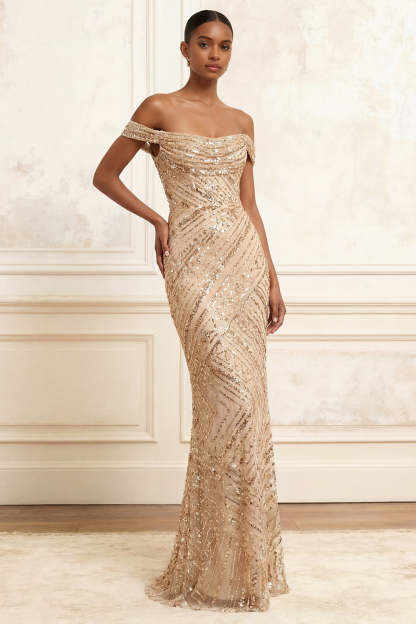 Leely Women Sparkly Chamagne Mermaid Long Prom Dress Sequined Off the Shoulder Evening Dress