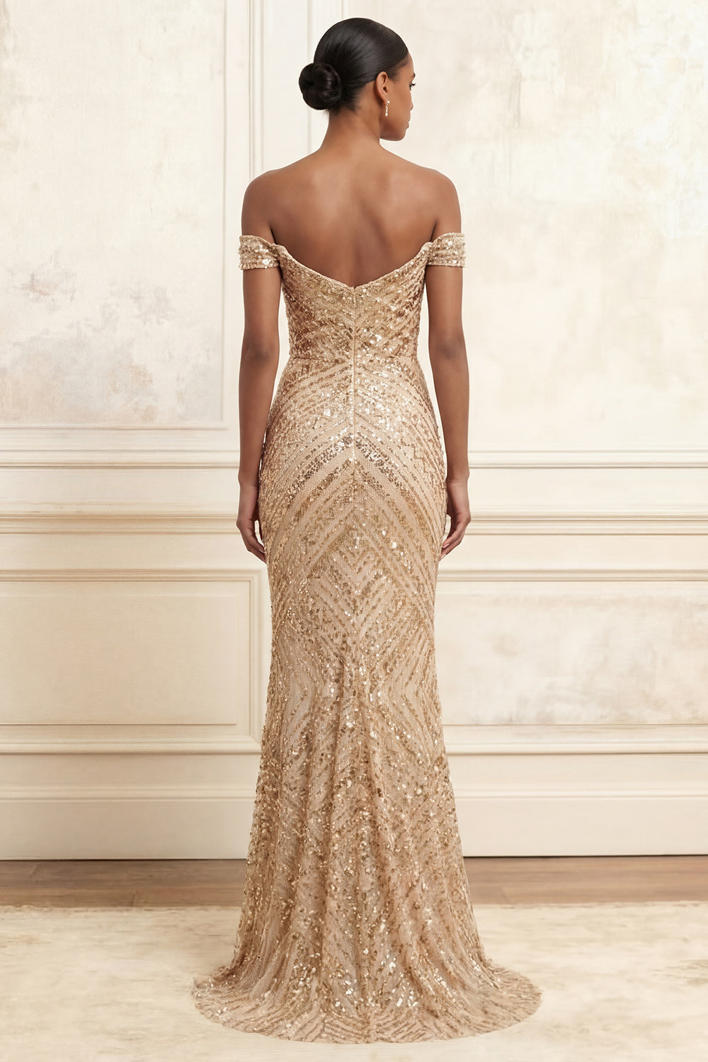 Sparkly Champagne Mermaid Off the Shoulder Sequined Long Prom Dress