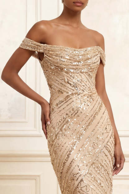 Sparkly Champagne Mermaid Off the Shoulder Sequined Long Prom Dress