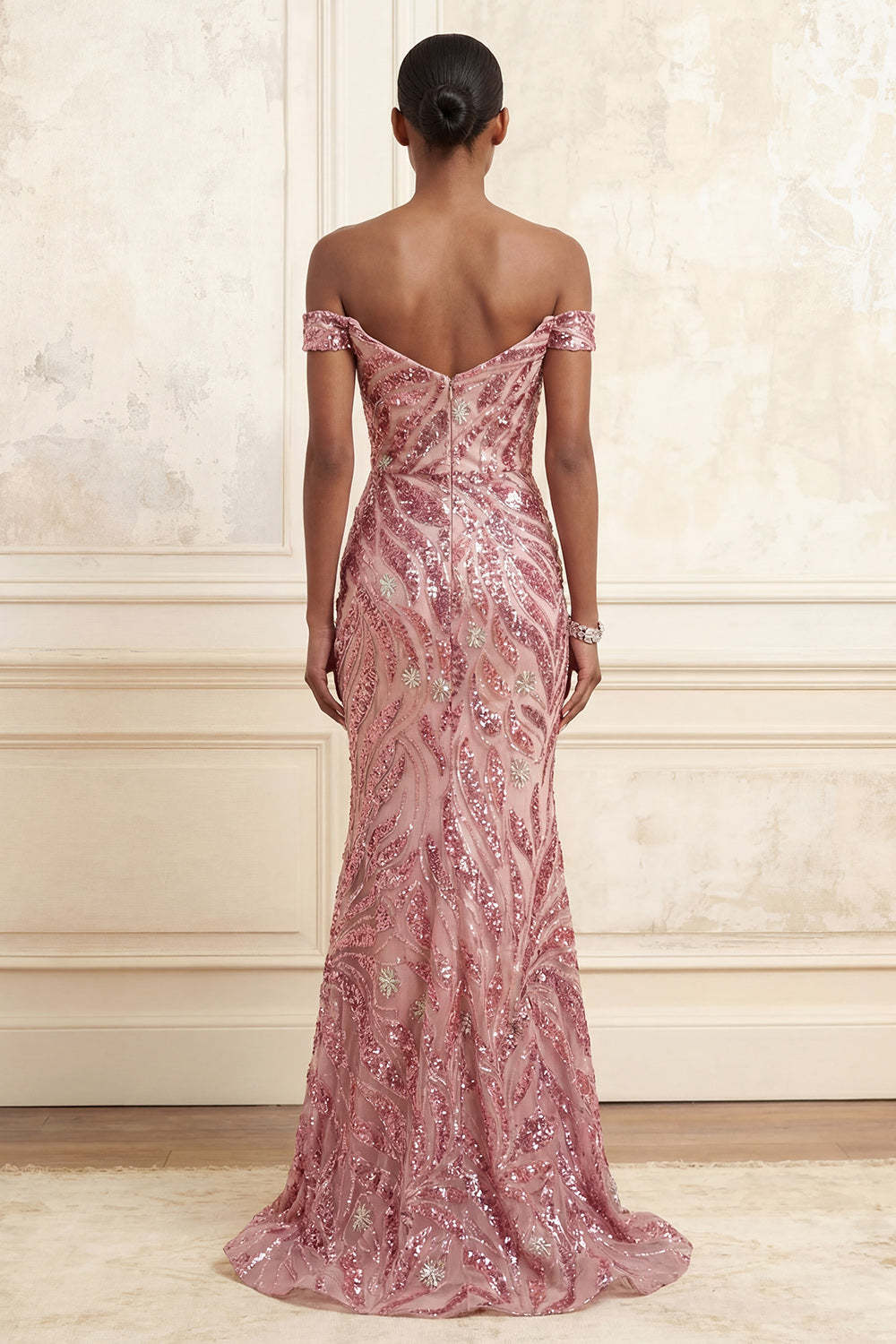 Sparkly Sequined Pink Mermaid Off the Shoulder Long Prom Dress