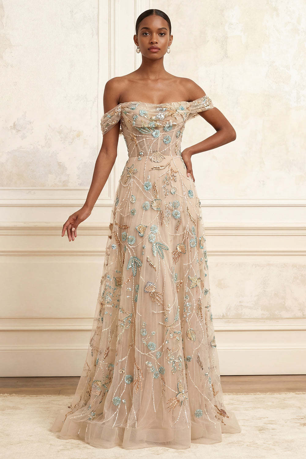 Leely Women Sparkly Champagne Beaded Long Prom Dress Sequined Corset Off the Shoulder Evening Dress