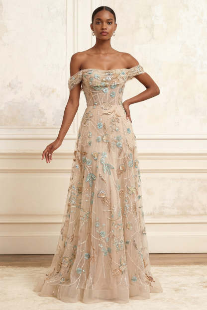 Leely Women Sparkly Champagne Beaded Long Prom Dress Sequined Corset Off the Shoulder Evening Dress