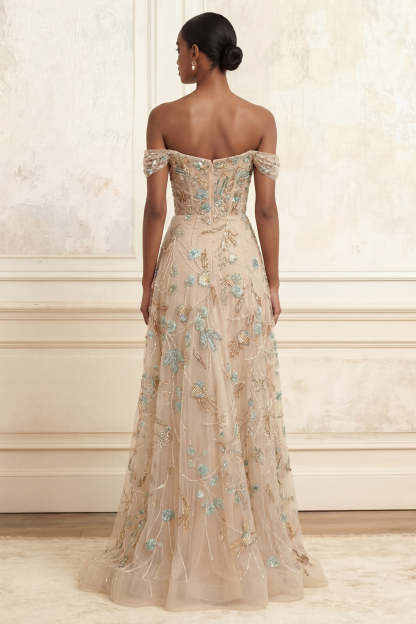 Sparkly Sequined Champagne A Line Corset Long Prom Dress with Beading