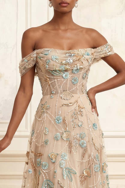 Sparkly Sequined Champagne A Line Corset Long Prom Dress with Beading
