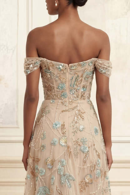 Sparkly Sequined Champagne A Line Corset Long Prom Dress with Beading