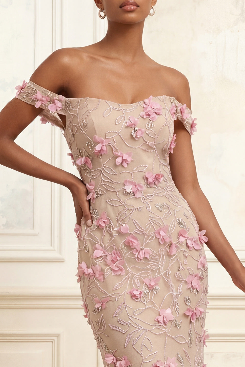 Pink Mermaid Off the Shoulder Long Prom Dress with Applique