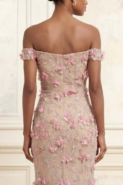 Pink Mermaid Off the Shoulder Long Prom Dress with Applique